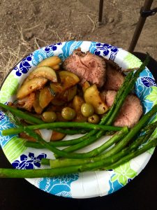 steak zuchini with olives and asparagus camp dinner camping food